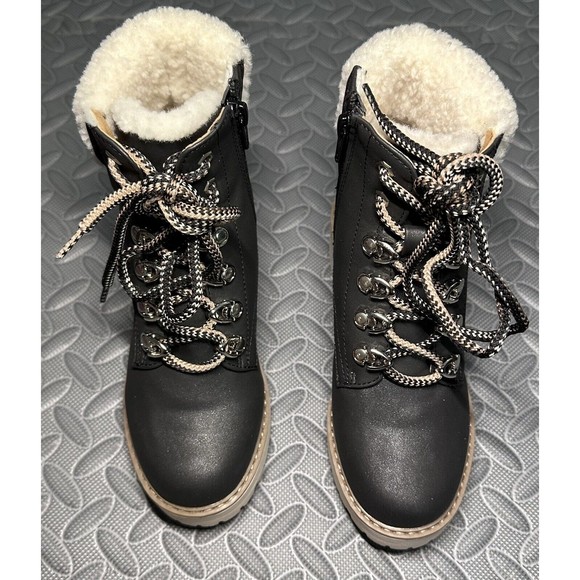 Dolce vita folksy black Faux Shearling ankle Girl block 2" heel combat boot Sz 1 - Picture 3 of 11